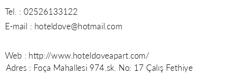 Dove Apart Hotel telefon numaralar, faks, e-mail, posta adresi ve iletiim bilgileri
